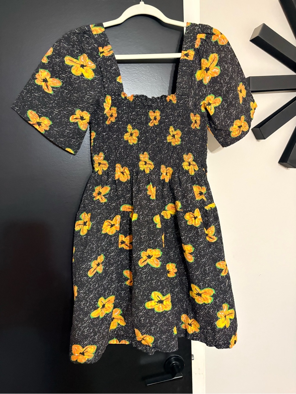 Smocked Black Casual Dress with Yellow Floral Print, sz4 - Picture 4 of 10